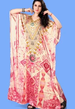 Digital Printed Satin Kaftan in Pink