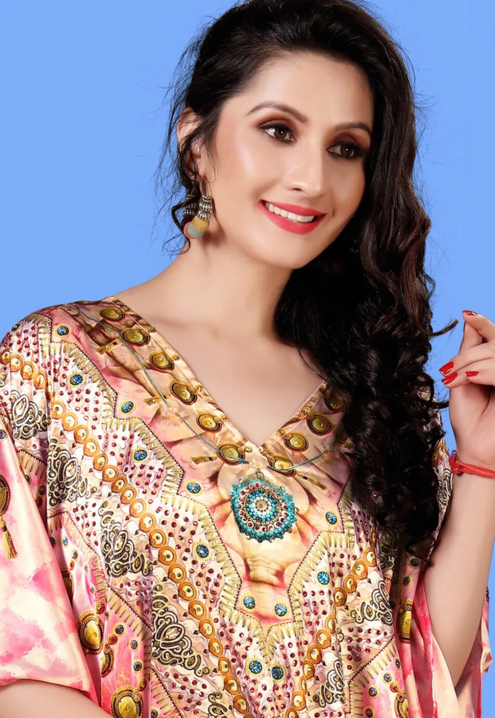 Digital Printed Satin Kaftan in Pink