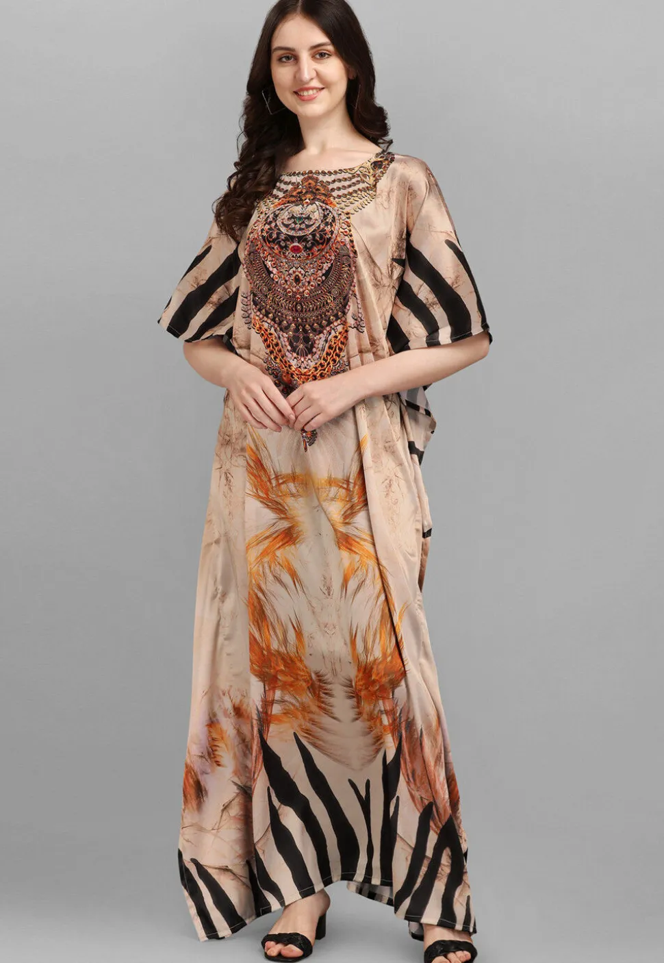 Digital Printed Satin Kaftan in Beige