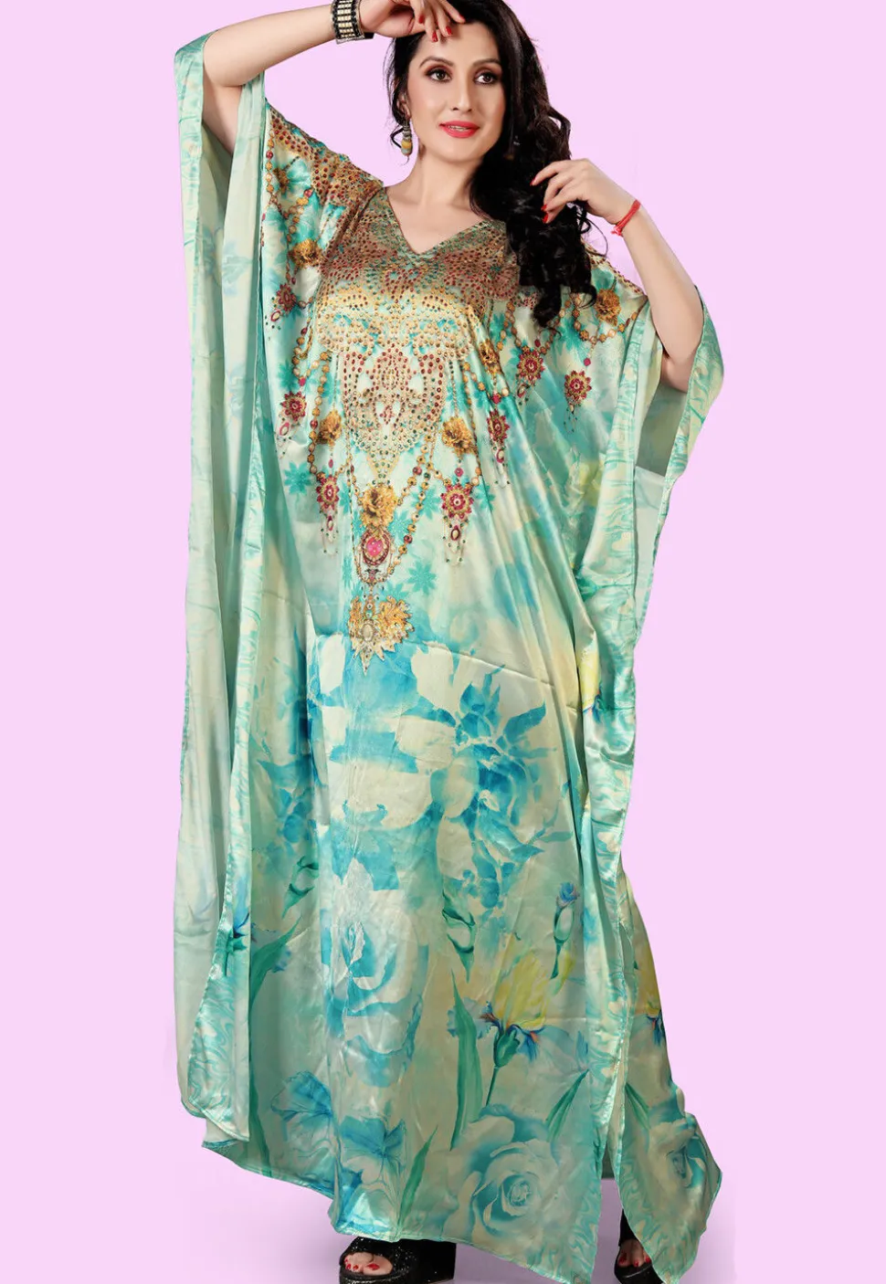 Digital Printed Satin Kaftan in Blue