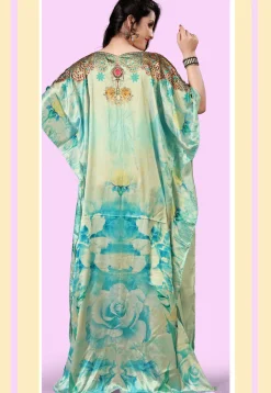Digital Printed Satin Kaftan in Blue