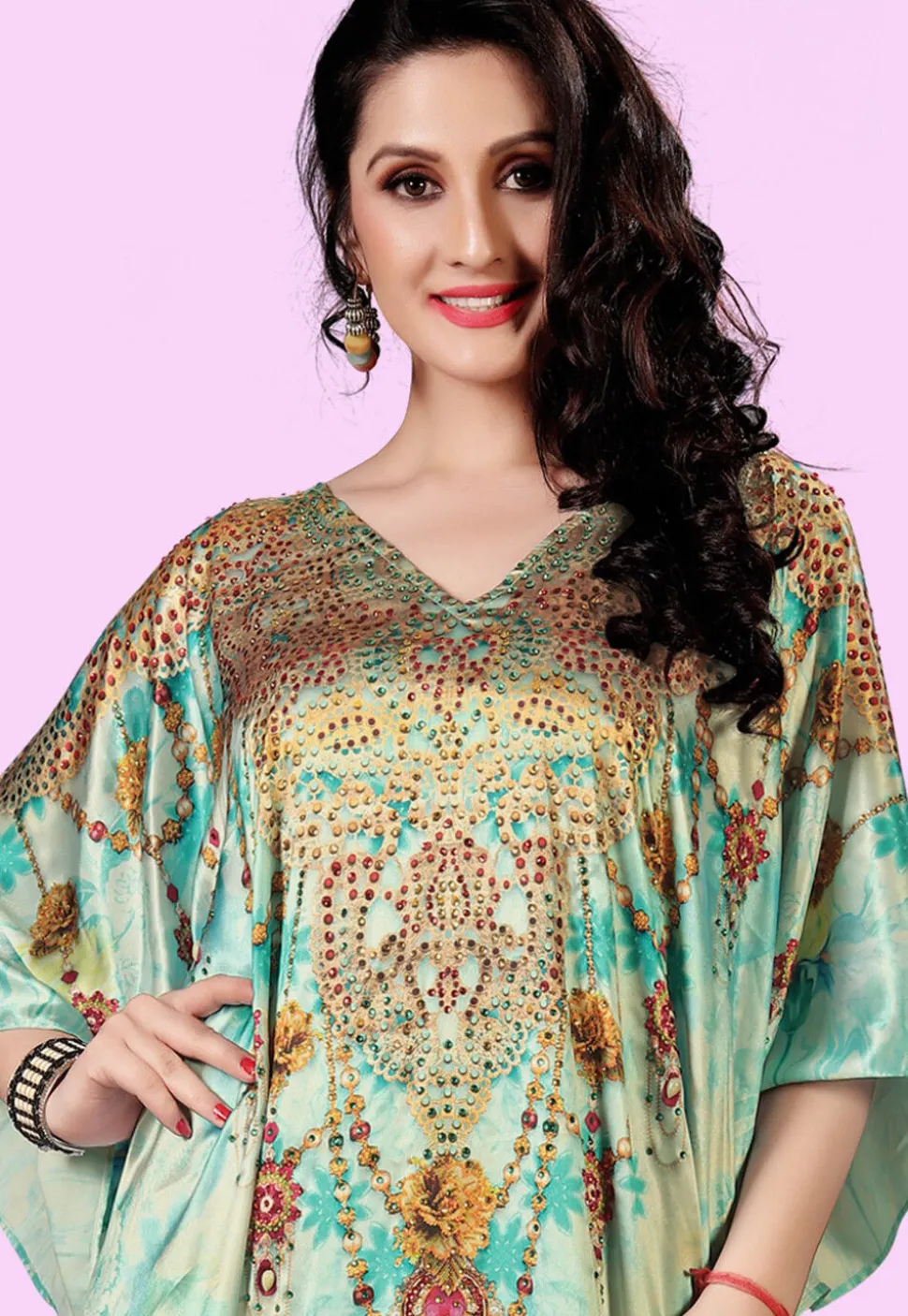 Digital Printed Satin Kaftan in Blue