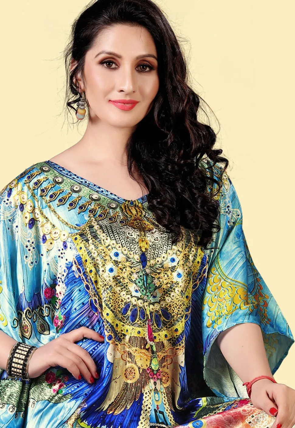 Digital Printed Satin Kaftan in Multicolor