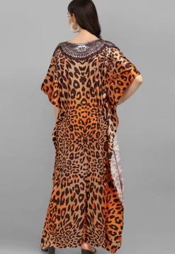 Digital Printed Satin Kaftan in Orange