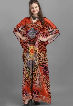 Digital Printed Satin Kaftan in Red