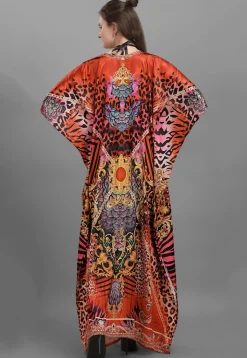 Digital Printed Satin Kaftan in Red