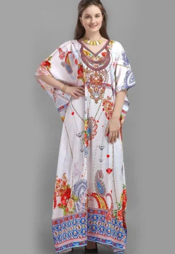 Digital Printed Satin Kaftan in Off White