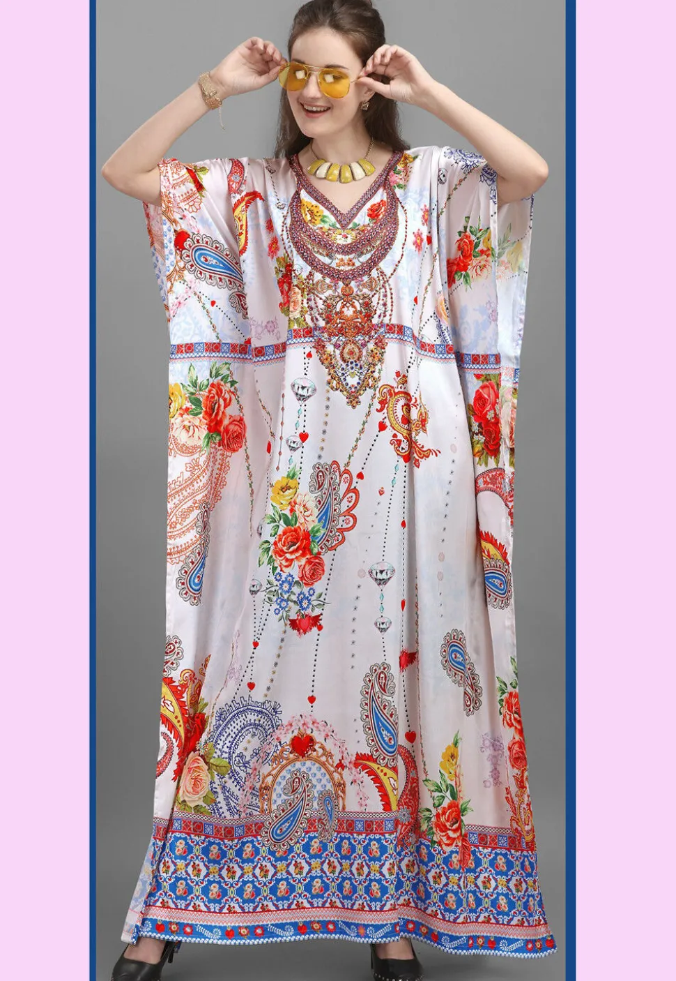 Digital Printed Satin Kaftan in Off White
