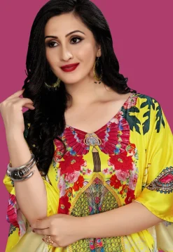 Digital Printed Satin Kaftan in Yellow