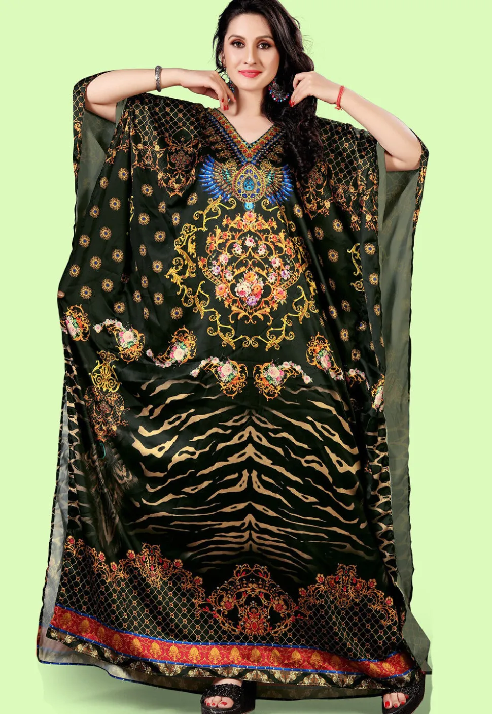 Digital Printed Satin Kaftan in Black