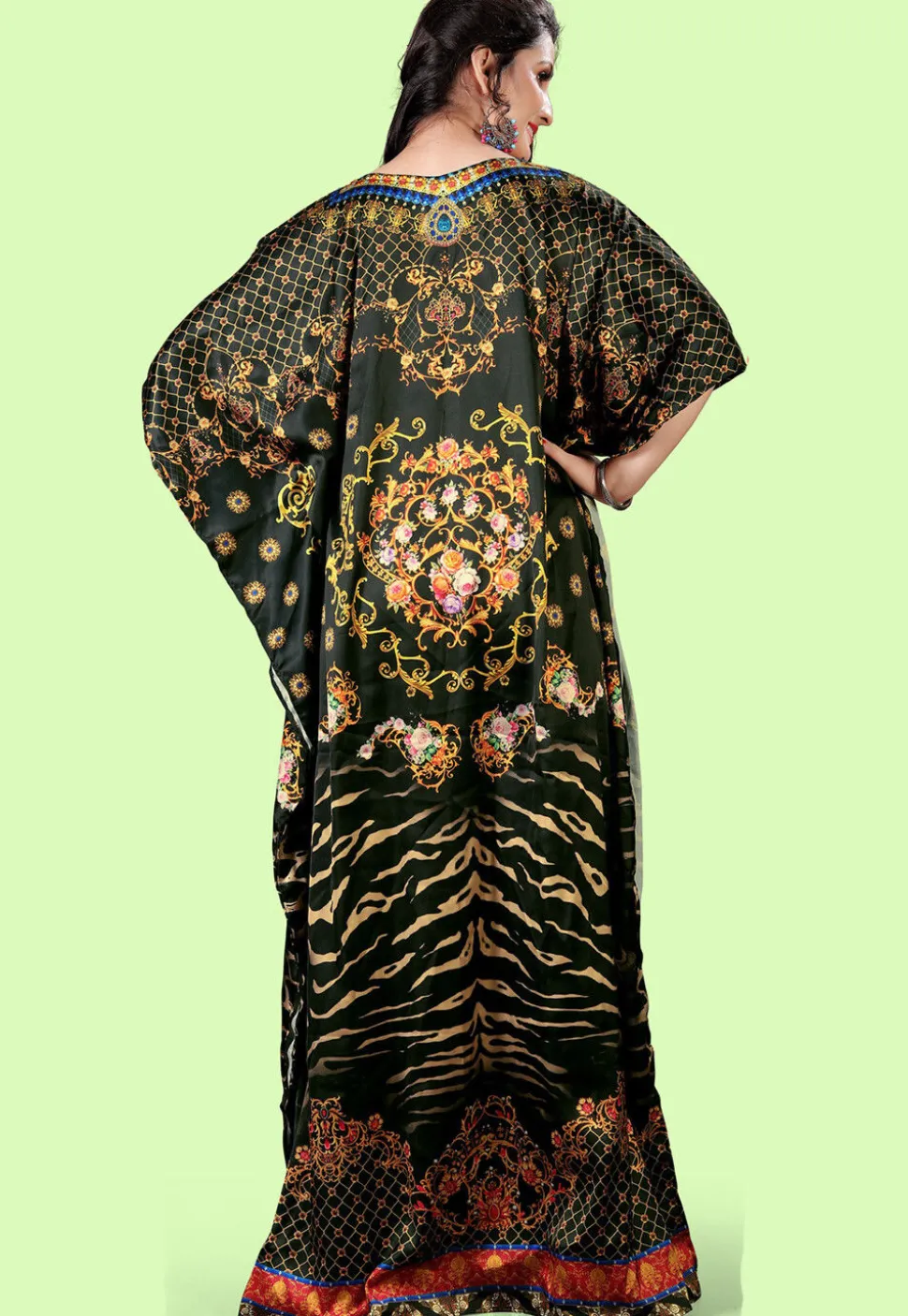 Digital Printed Satin Kaftan in Black