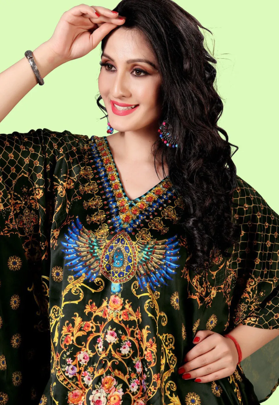 Digital Printed Satin Kaftan in Black