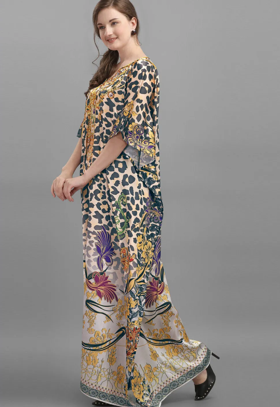 Digital Printed Satin Kaftan in Multicolor