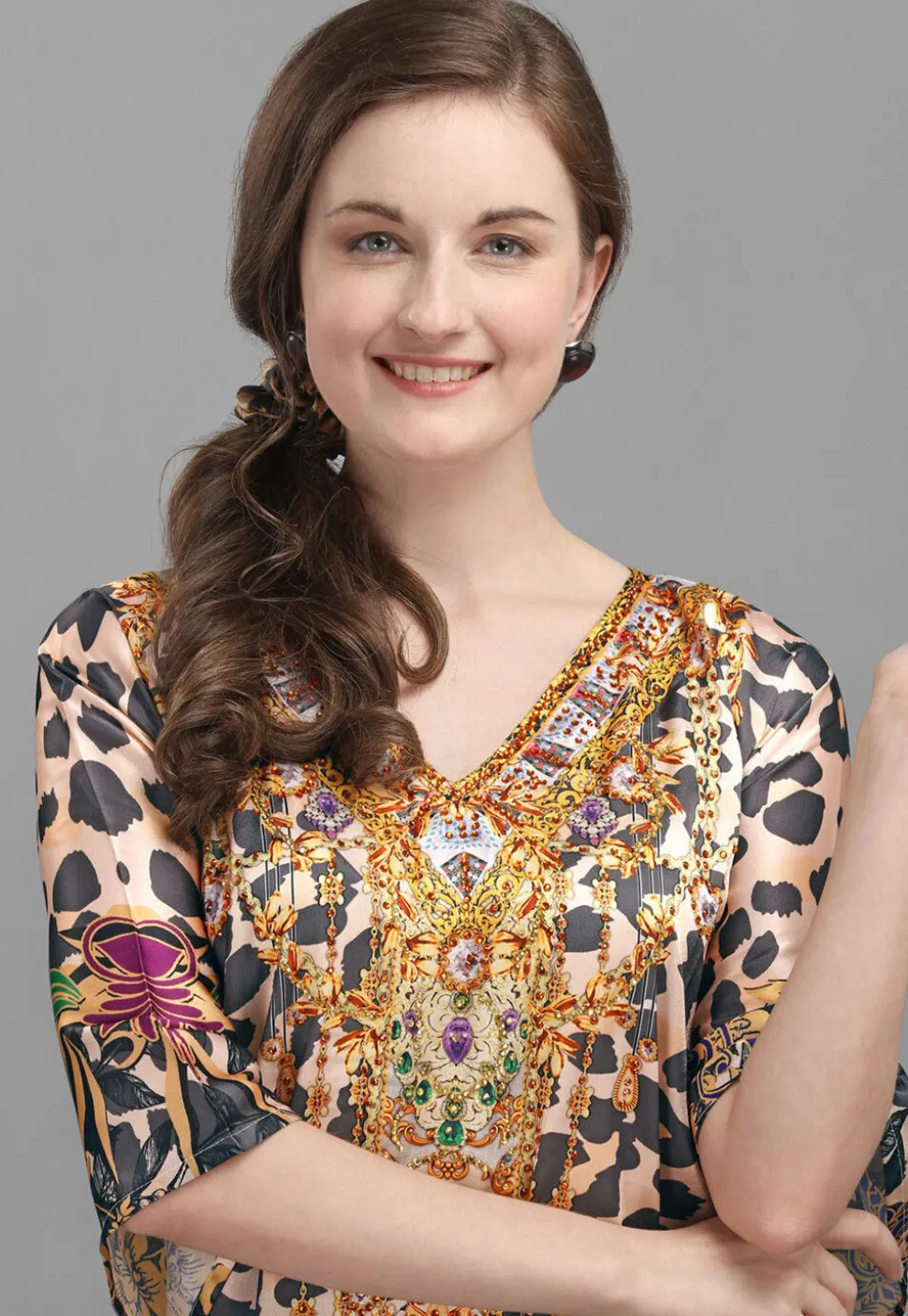 Digital Printed Satin Kaftan in Multicolor