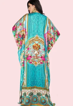Digital Printed Satin Kaftan in Turquoise