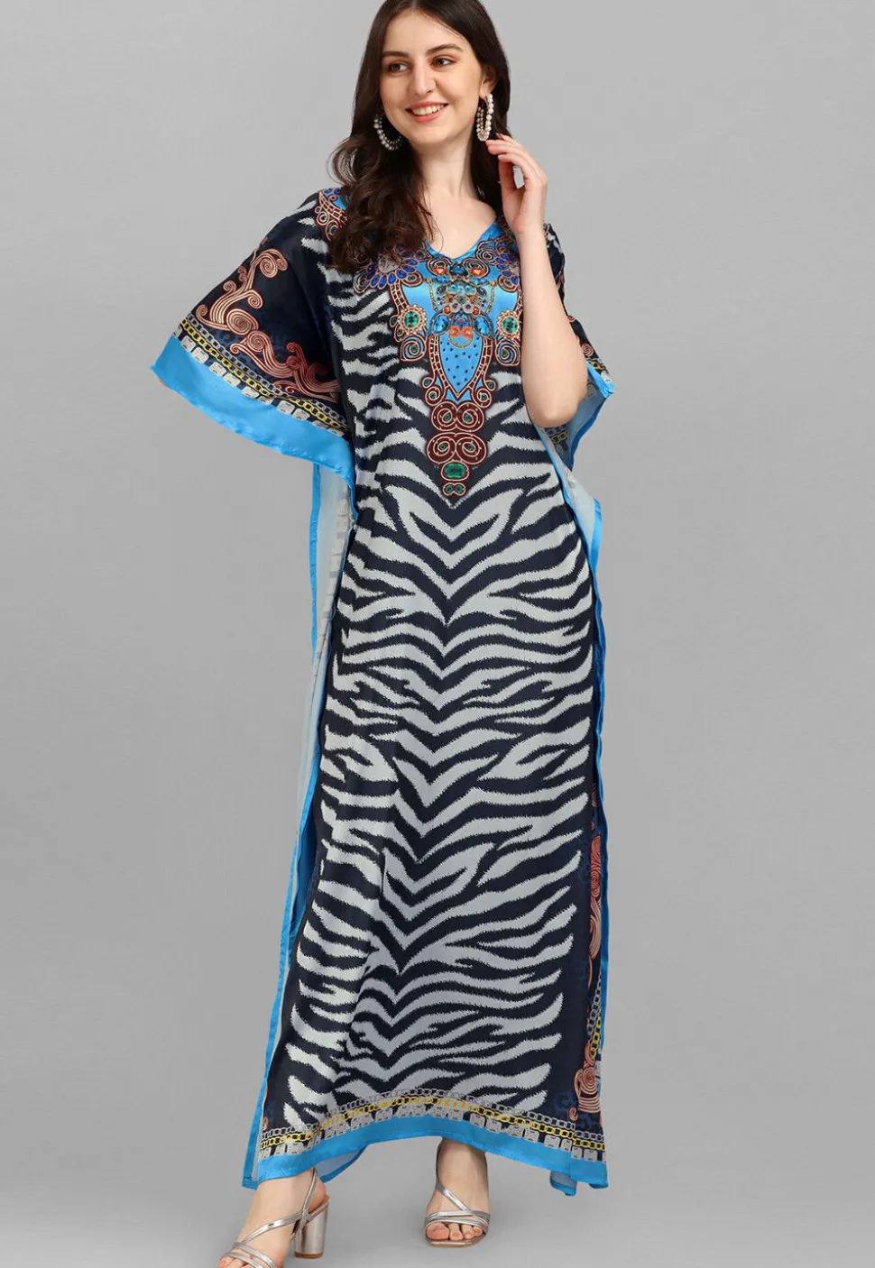 Digital Printed Satin Kaftan in Multicolor