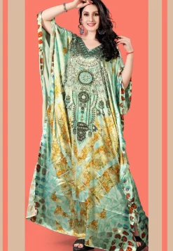 Digital Printed Satin Kaftan in Sea Green