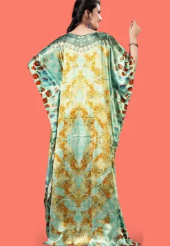 Digital Printed Satin Kaftan in Sea Green