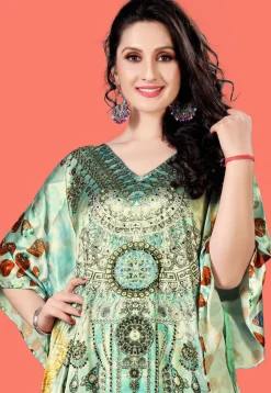Digital Printed Satin Kaftan in Sea Green