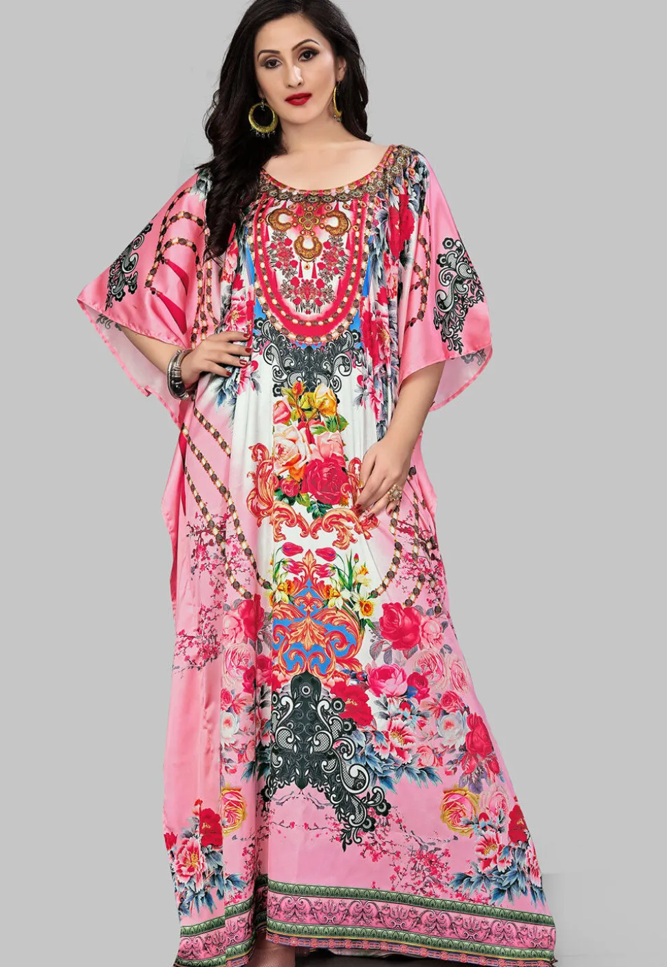 Digital Printed Satin Kaftan in Pink