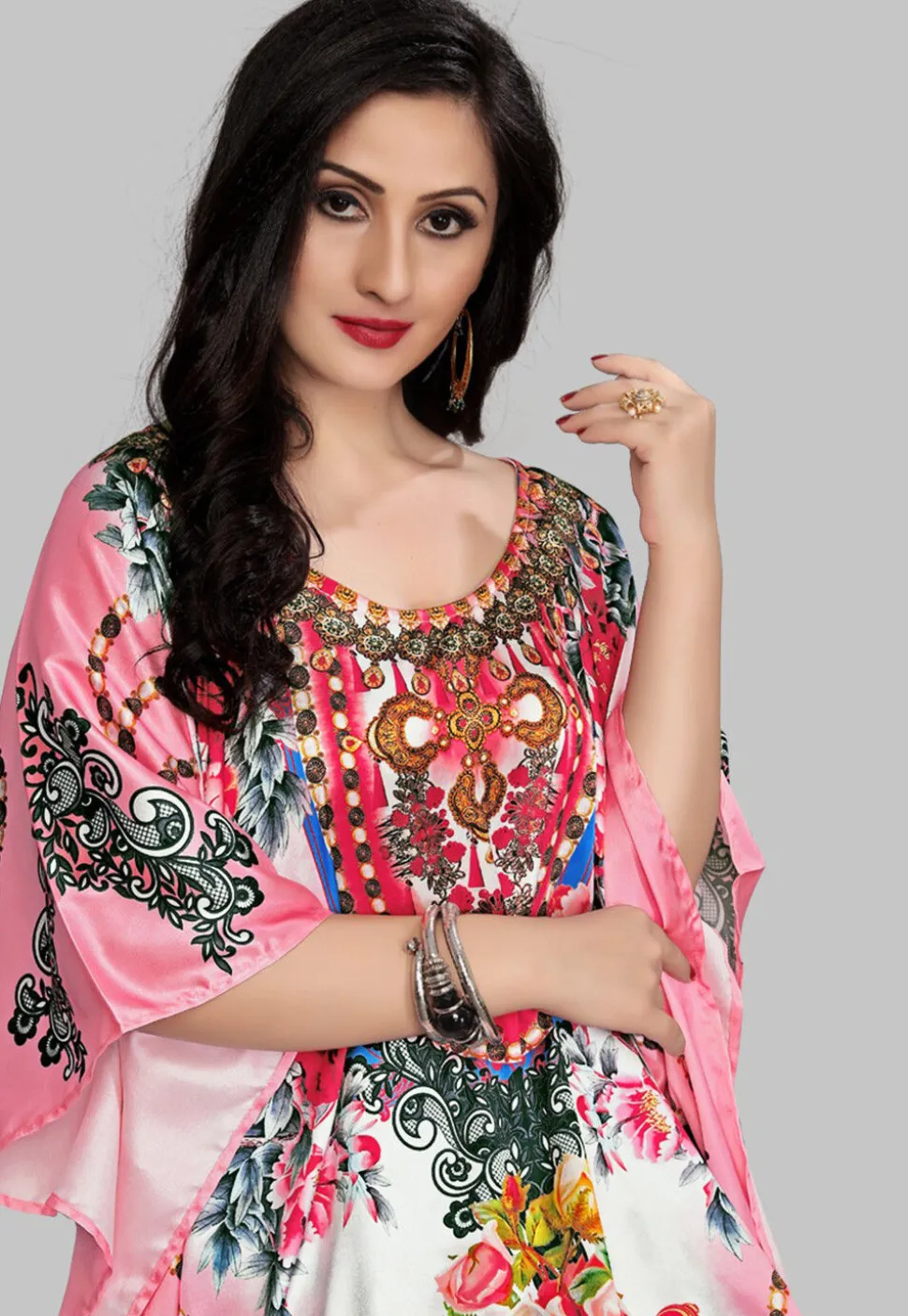 Digital Printed Satin Kaftan in Pink