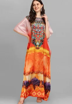 Digital Printed Satin Kaftan in Multicolor