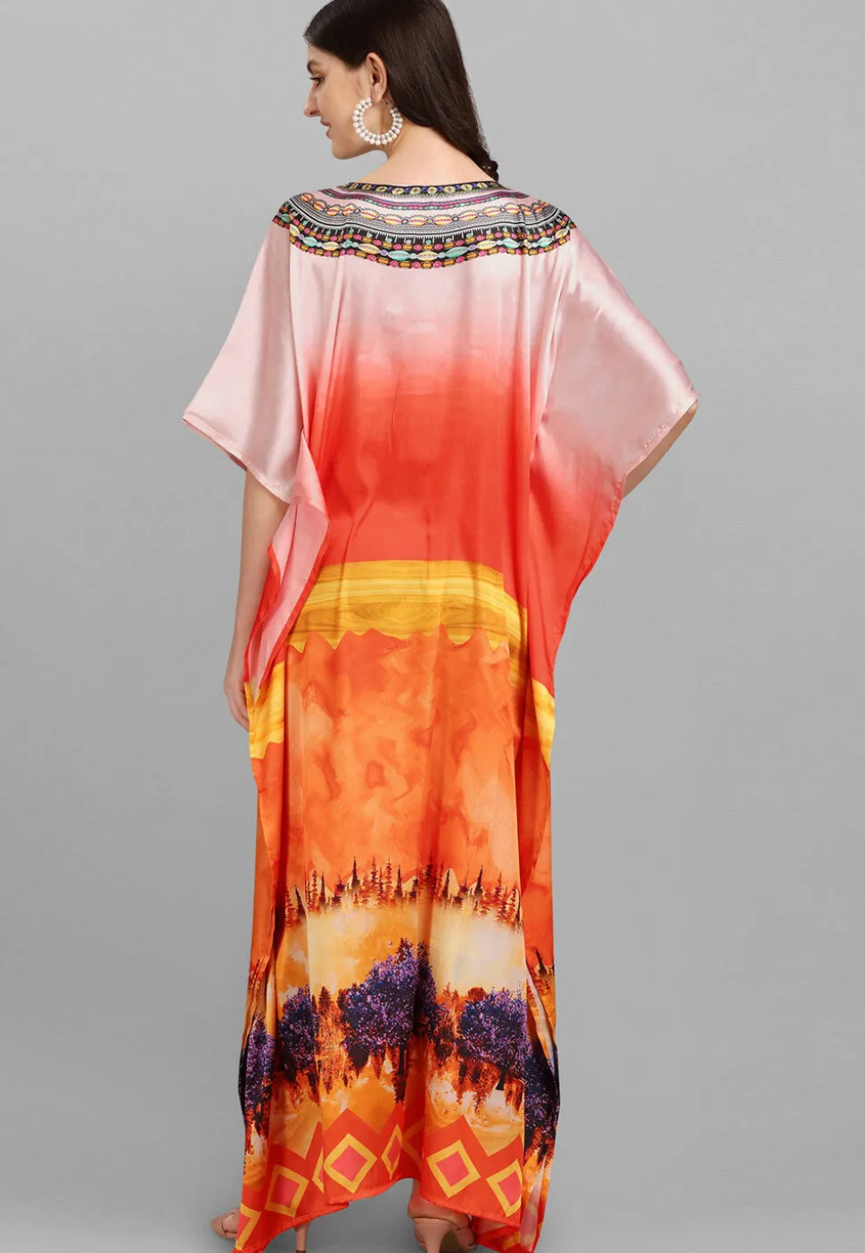 Digital Printed Satin Kaftan in Multicolor