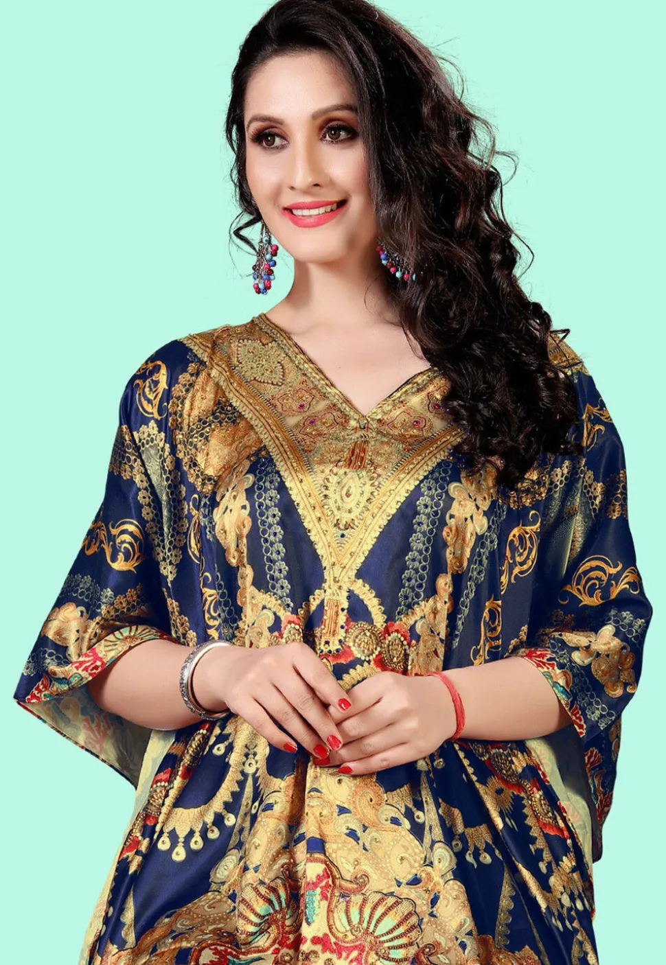 Digital Printed Satin Kaftan in Navy Blue