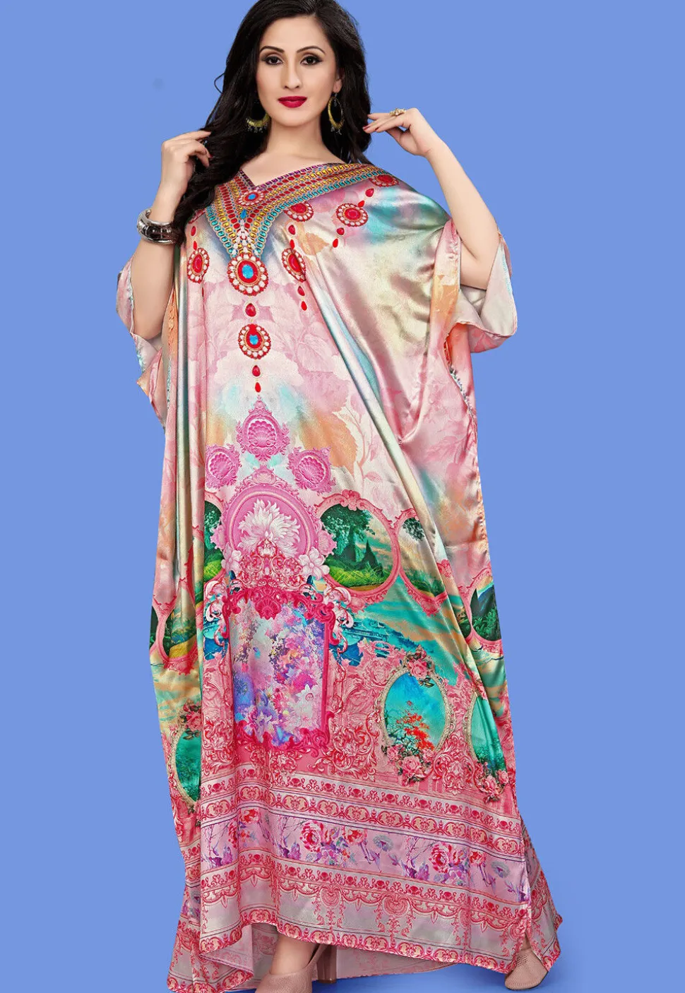 Digital Printed Satin Kaftan in Multicolor