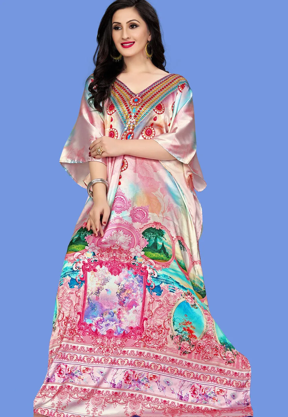 Digital Printed Satin Kaftan in Multicolor