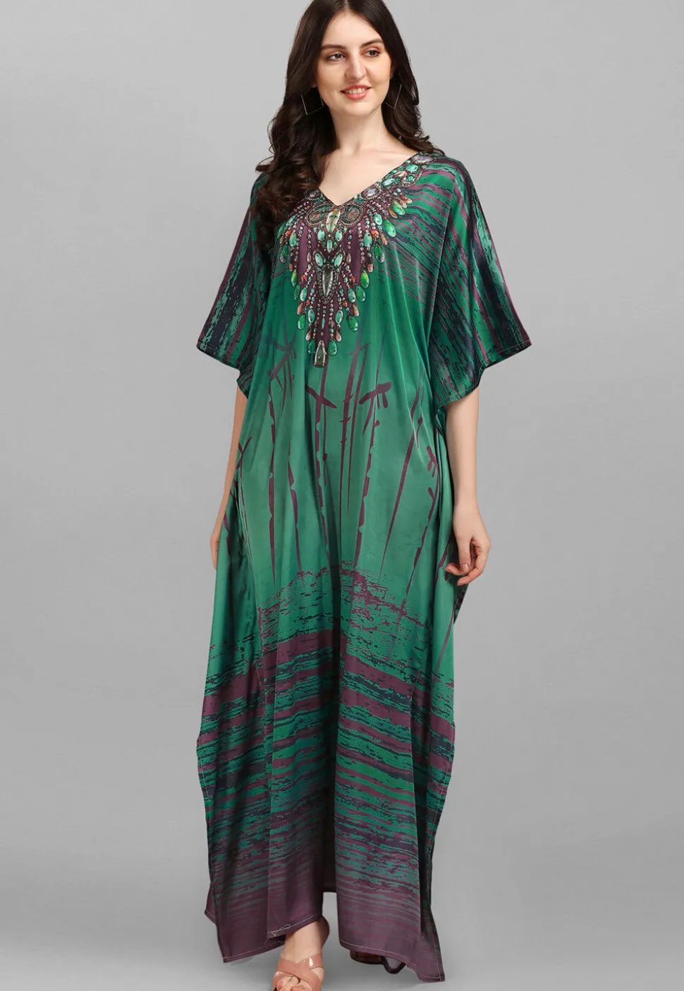 Digital Printed Satin Kaftan in Green