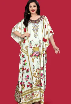 Digital Printed Satin Kaftan in Off White