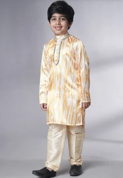Digital Printed Satin Kurta Set in Cream and Yellow
