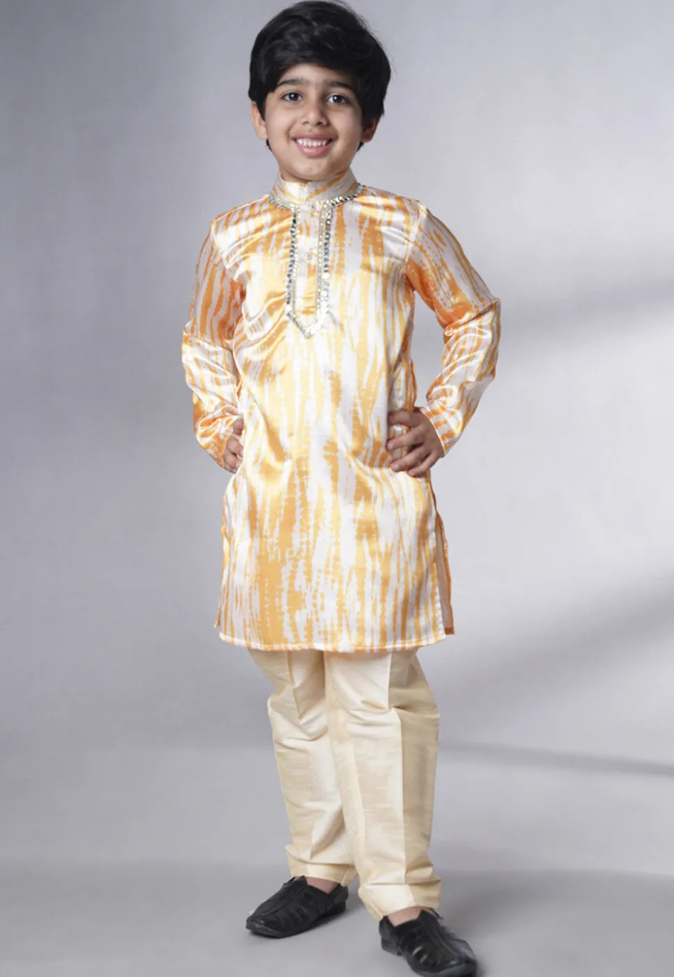 Digital Printed Satin Kurta Set in Cream and Yellow
