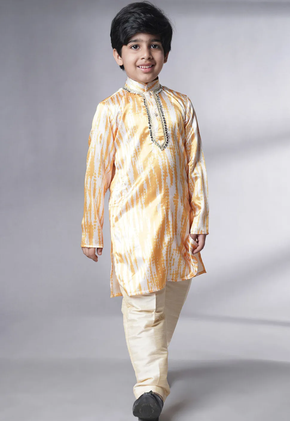 Digital Printed Satin Kurta Set in Cream and Yellow