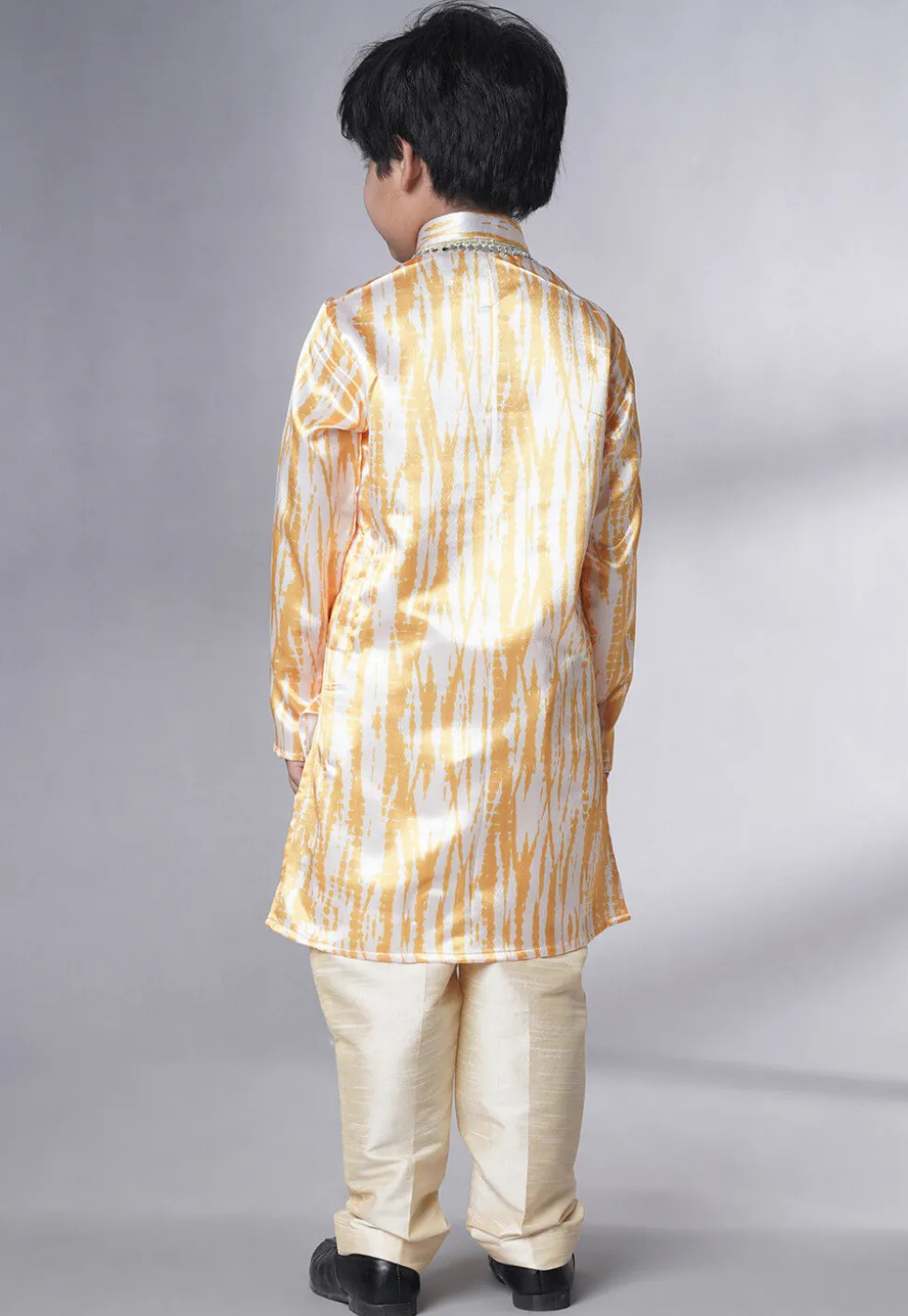 Digital Printed Satin Kurta Set in Cream and Yellow