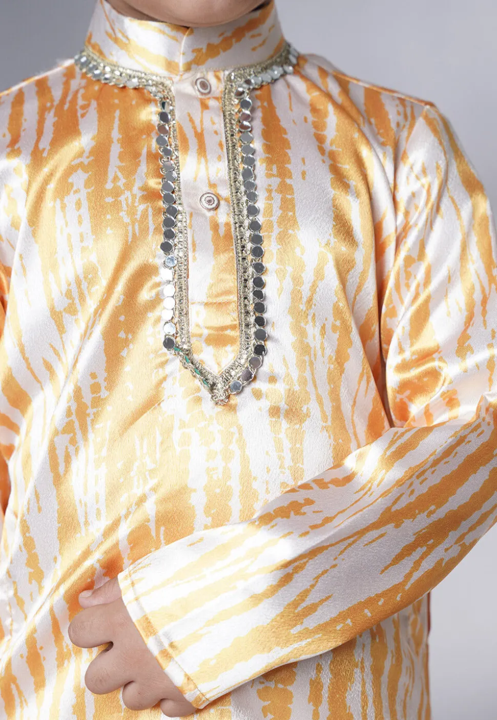 Digital Printed Satin Kurta Set in Cream and Yellow