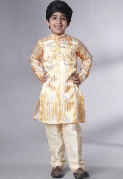 Digital Printed Satin Kurta Set in Cream and Yellow