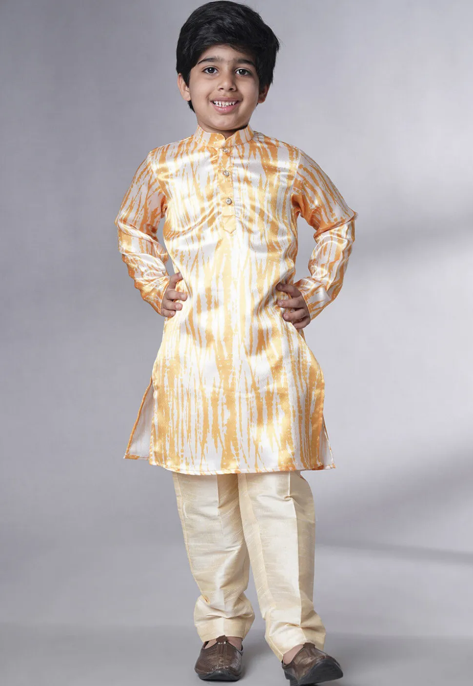 Digital Printed Satin Kurta Set in Cream and Yellow