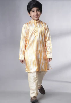 Digital Printed Satin Kurta Set in Cream and Yellow