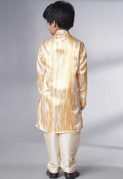 Digital Printed Satin Kurta Set in Cream and Yellow