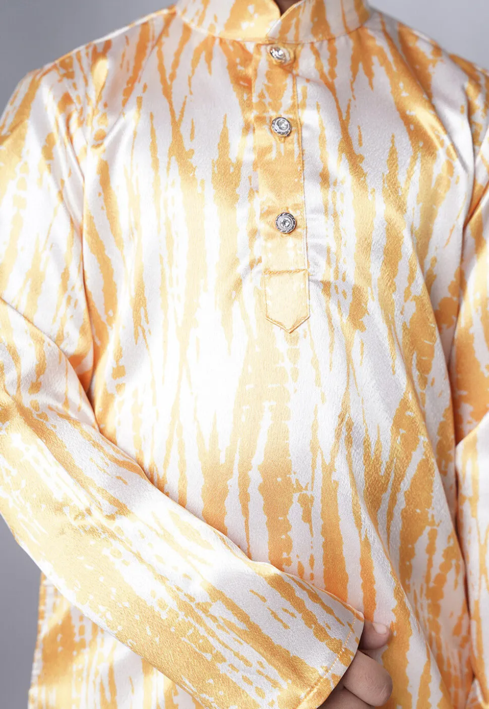 Digital Printed Satin Kurta Set in Cream and Yellow