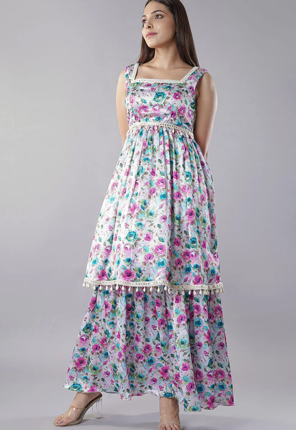 Digital Printed Satin Layered Gown in White and Multicolor