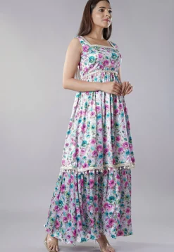 Digital Printed Satin Layered Gown in White and Multicolor