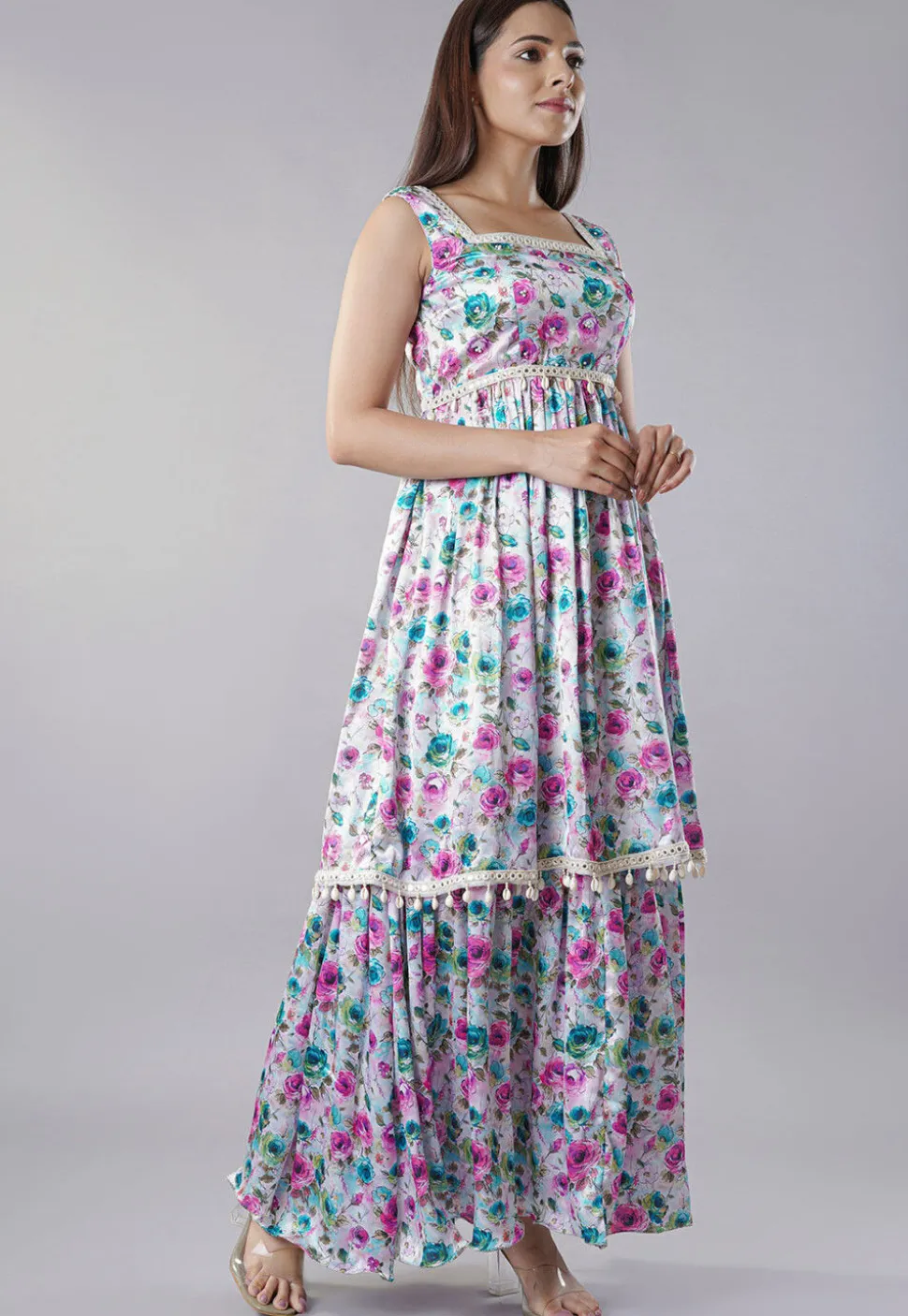 Digital Printed Satin Layered Gown in White and Multicolor