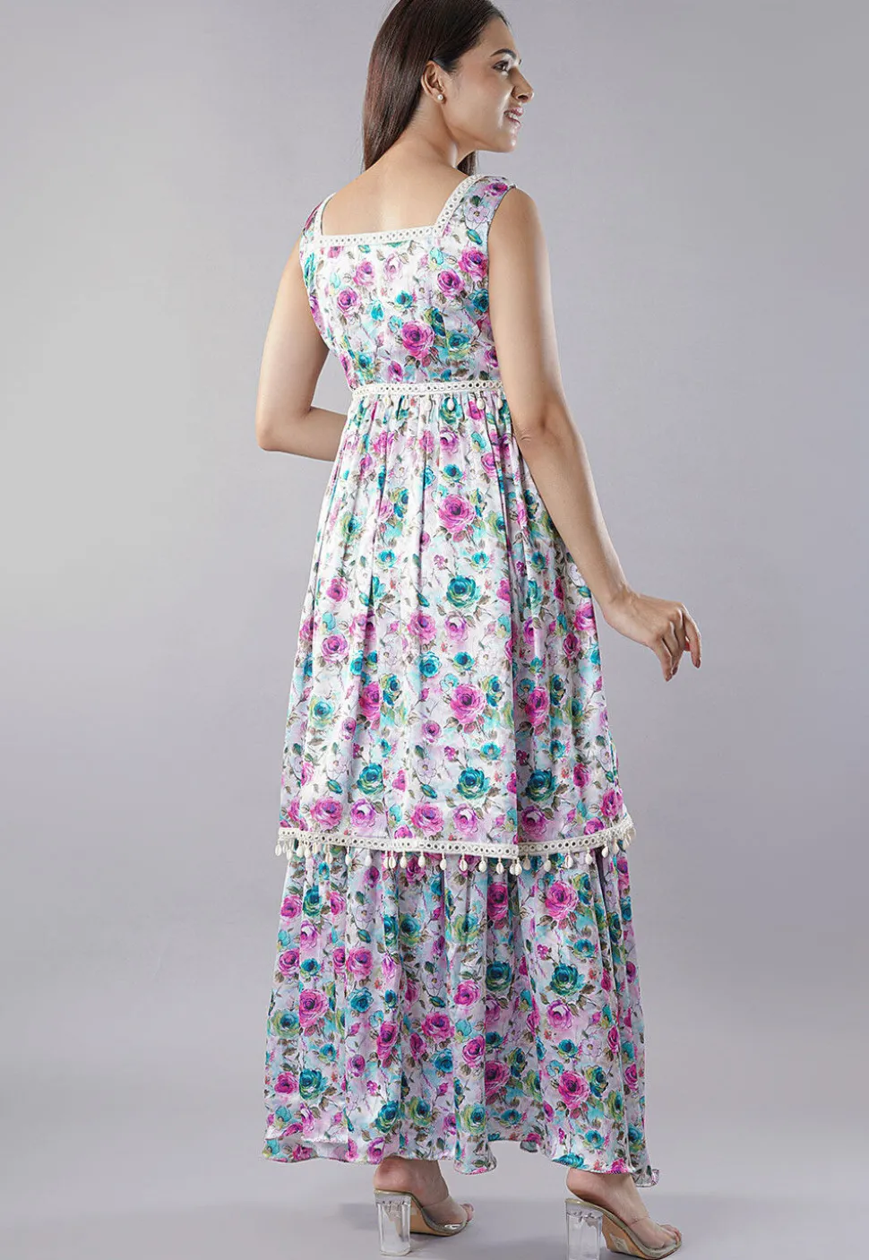Digital Printed Satin Layered Gown in White and Multicolor