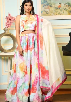 Digital Printed Satin Lehenga in Multicolor