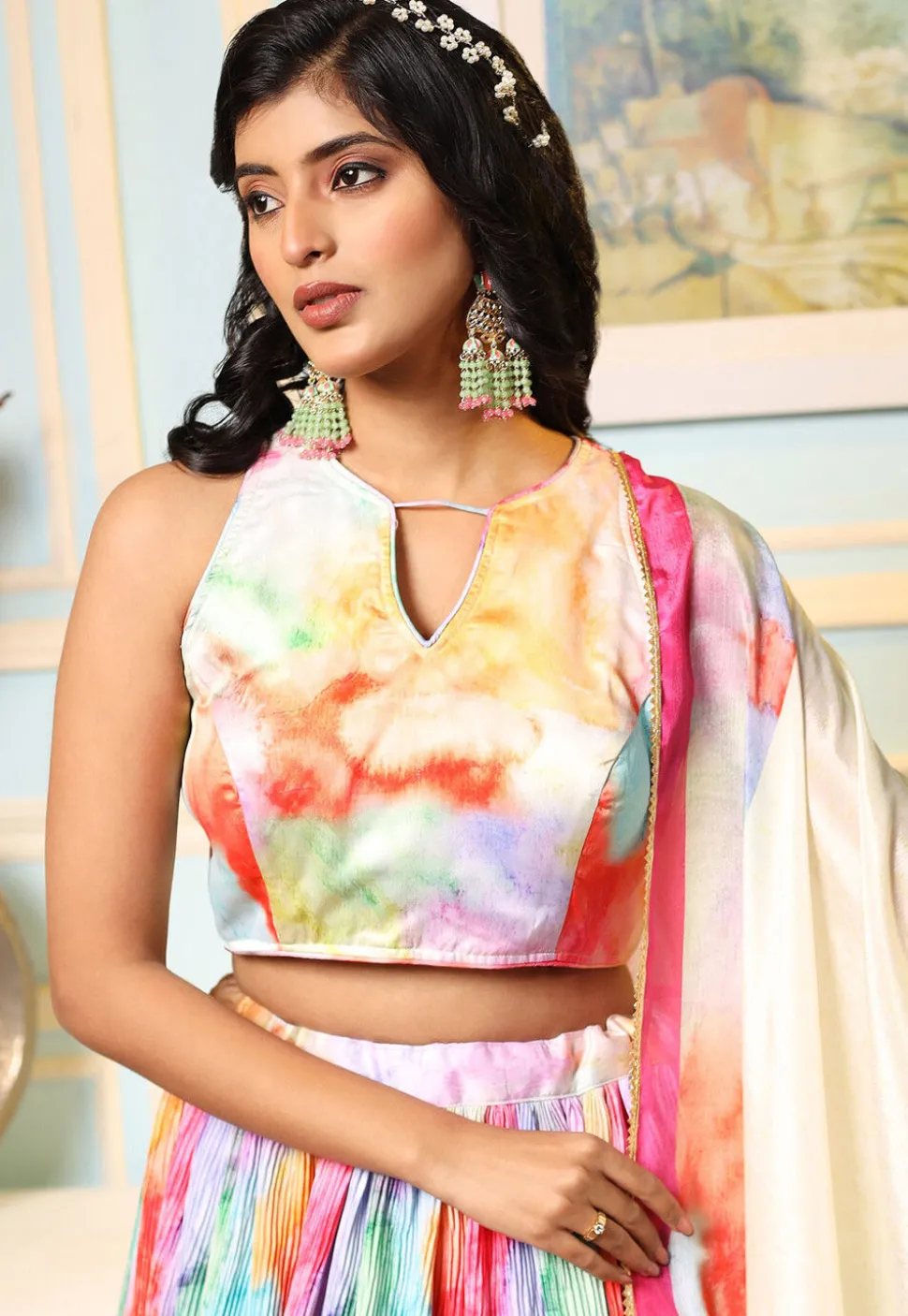Digital Printed Satin Lehenga in Multicolor