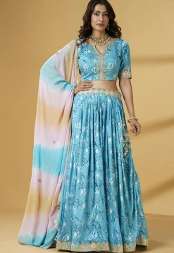 Digital Printed Satin Lehenga in Sky Blue