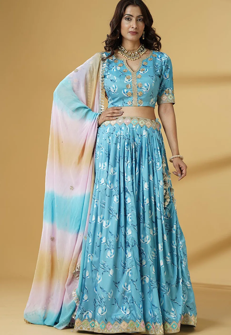 Digital Printed Satin Lehenga in Sky Blue